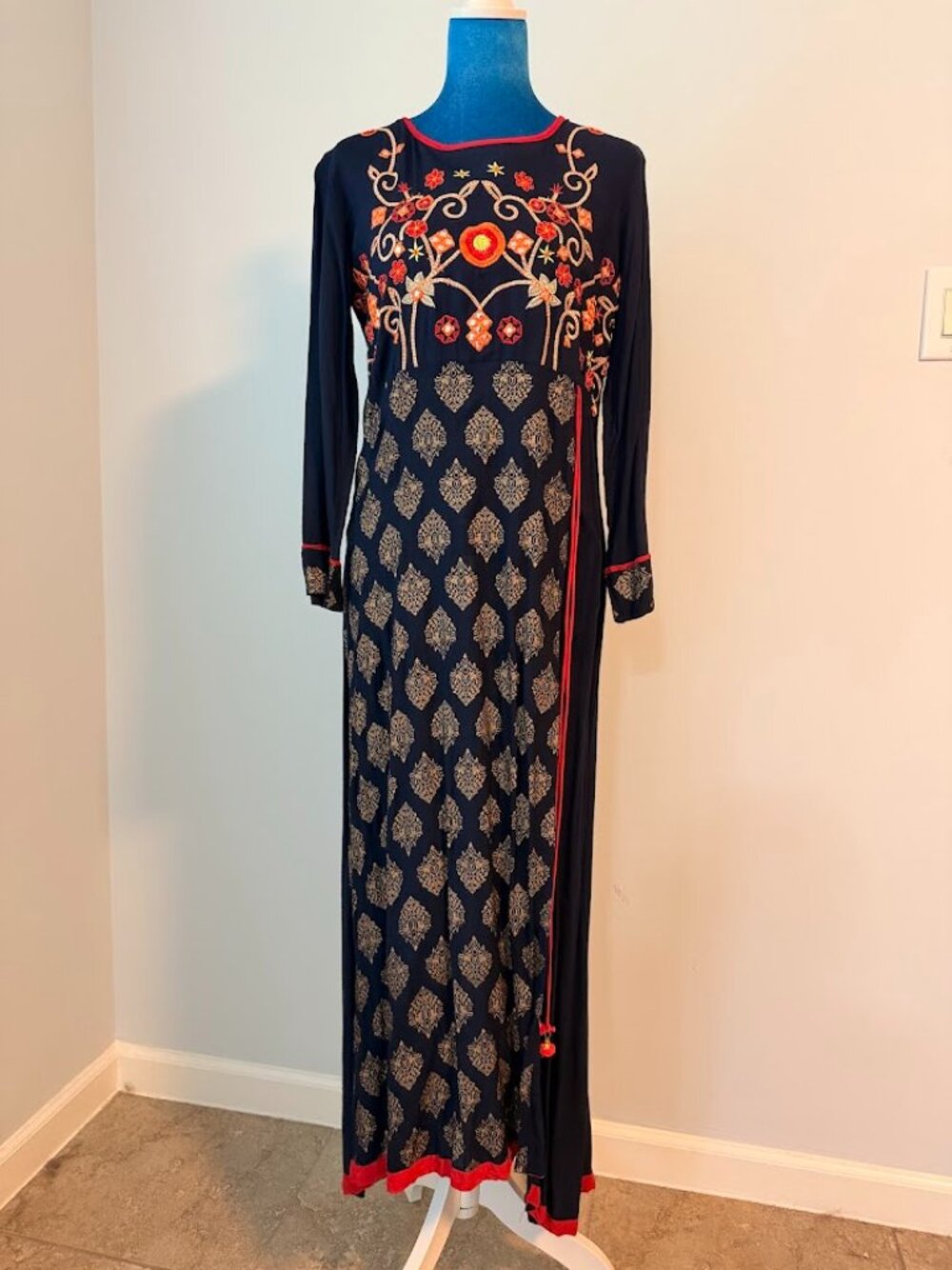 Navy Kurti Red Orange Embroidery Gold Print Corded Tassels